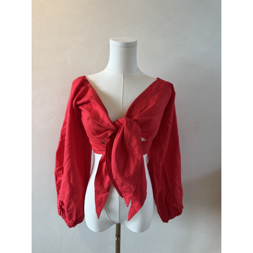 Charlie Holiday Red Linen Blend‎ Wrap Crop Vacation NYE Resort Double Tie Size M